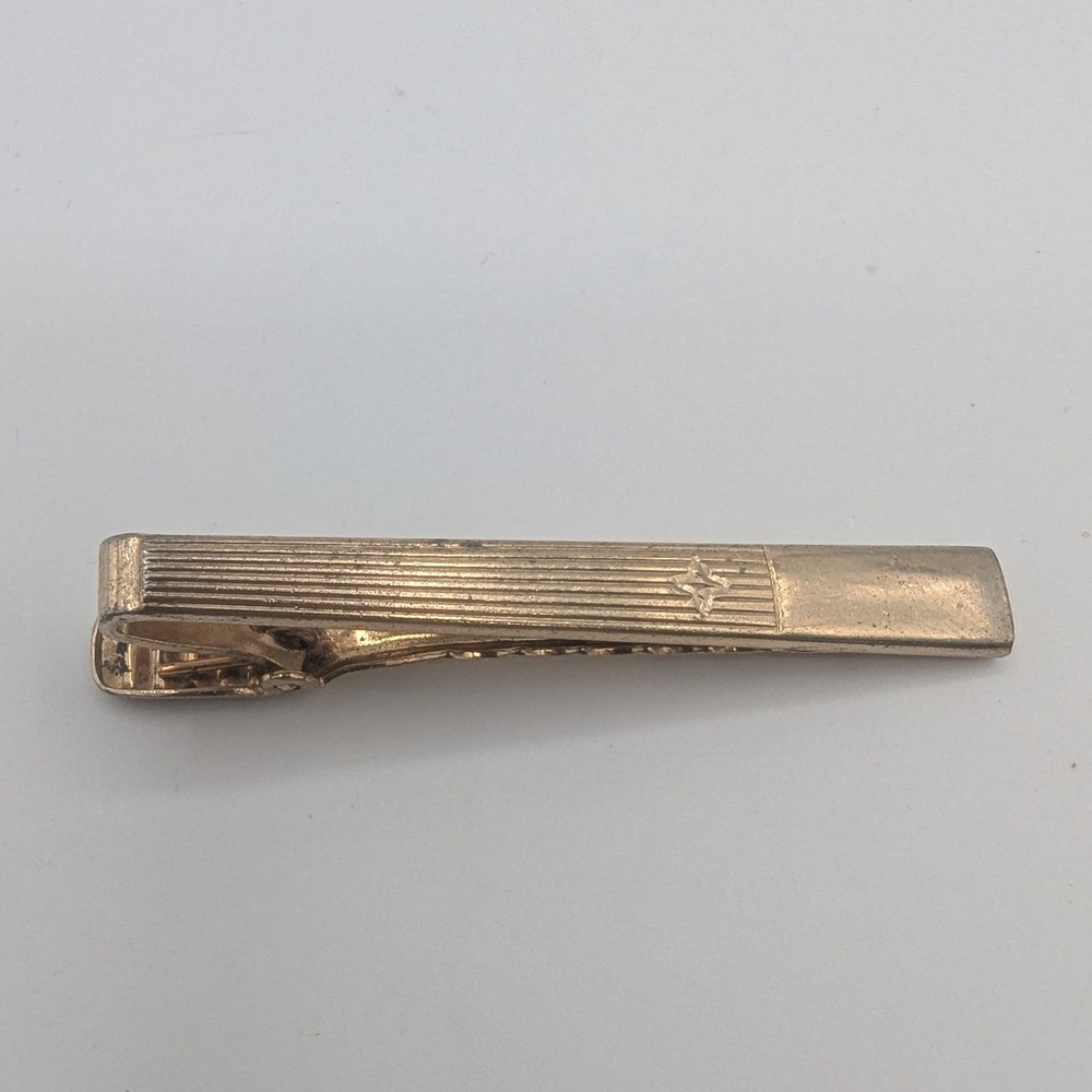 Vintage Anson Gold Tone Pinstripe Tie Clip Etched Star Mid Century Formal Mens